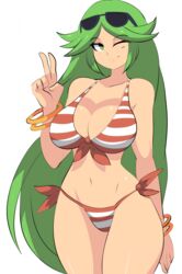 1girls bangle bigdeadalive bikini bracelet breasts cleavage female female_focus female_only front-tie_bikini front-tie_top green_eyes green_hair highres jewelry kid_icarus large_breasts long_hair matching_hair/eyes midriff milf navel nintendo palutena photoshop side-tie_bikini smile solo striped striped_bikini sunglasses sunglasses_on_head super_smash_bros. swimsuit very_long_hair white_background wink