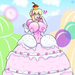 aegis_(persona) aigis_(persona) big_breasts big_lips bimbo blonde_hair blue_eyes breast_milk cake confused fairy female female_only food food_transformation gynoid huge_breasts lactation mario_(series) new_super_mario_bros._u_deluxe persona persona_3 post_transformation princess pussy sealguy smutstrut solo solo_female super_crown transformation vagina