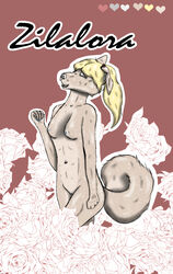 anthro blind blonde_hair bottomless breasts canid canine canis chimera clothed clothing female fluffy fluffy_tail front_view fur hair happy hi_res hybrid iceofthearctic mammal nipples nude open_mouth pose raised_tail simple_background smile solo standing topless young zila zilalora_aubiodun