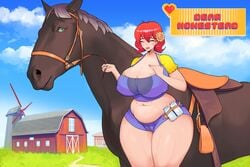 belly big_breasts bottle bottom_heavy brown_fur cleavage cover curvy farm fat_folds female feral flower_in_hair game_cover grass happy horny horse huge_breasts hyper_hips hyper_thighs larger_male mane milf nipple_bulge nipples outside red_hair saddle short_hair shorts size_difference sky slightly_chubby spokeninreverse thick thick_thighs thigh_gap thighs video_game voluptuous wasp_waist wide_hips