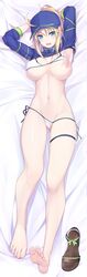 absurd_res absurdres ahoge aqua_eyes armpits arms_behind_head artoria_pendragon baseball_cap bed_sheet bikini blonde_hair blue_eyes blue_headwear blue_jacket commentary_request cowboy_shot cropped_jacket fate/grand_order fate_(series) feet female hair_between_eyes hair_through_headwear hat highres jacket lying mysterious_heroine_xx_(foreigner) naturalton nipples on_back on_bed open_mouth open_toe_shoes ponytail sandal sandals sandals_removed shrug_(clothing) side-tie_bikini soles solo swimsuit tagme toenail_polish toenails toes untied untied_bikini white_bikini zipper_pull_tab