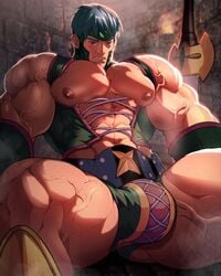 1boy 2017 abs areolae armband bara belt big_nipples big_pecs blue_hair brick_wall bulge clenched_teeth color digital_media_(artwork) dungeon gumroad human light_skin luxuris male male_only muscle muscular nipple_holes nipples open_shirt partially_clothed pecs puffy_nipples red_eyes solo sword teeth thick_thighs underwear vascular vein veins veiny veiny_muscles warrior_dai_grepher yu-gi-oh!