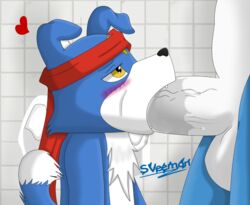 2boys accessory age_difference anthro bandana bathroom blowjob blue_fur blue_scales blue_skin blush canid canine canis cub demon digimon digimon_(species) dracky_the_gaomon dragon facial_mark fangs fellatio floppy_ears fluids fur gaomon gay headband huge_cock humanoid humanoid_penis interspecies magnamon male male/male male_only male_penetrated male_penetrating male_penetrating_male malesub mammal mammal_humanoid multicolored_fur multicolored_scales multicolored_tail naked oral oral_penetration oral_sex penis reptile scale scales scalie sex size_difference submissive sveemon white_fur white_penis white_scales wolf