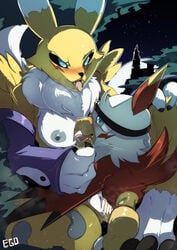 anthro avian bandai_namco beak black_sclera blue_eyes blush breasts canid canine censored claws digimon digimon_(species) duo erection feathers female female_penetrated fur genitals hawkmon hi_res male male/female male_penetrating male_penetrating_female mammal nipples nude owahi_ego penetration pussy renamon sex white_body white_fur yellow_body yellow_fur