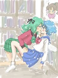 3girls almost_kiss ami_mizuno between_legs bishoujo_senshi_sailor_moon blue_eyes blue_hair blush cheating clothed clothing dreaming female_only fingering green_eyes green_hair imagining implied_fingering implied_sex kissing library looking_at_another makoto_kino michiru_kaiou roben school_uniform schoolgirl seductive short_hair skirt softcore teal_hair wavy_hair yuri