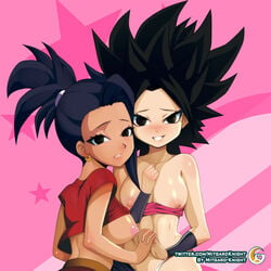 black_eyes black_hair breasts caulifla clothes_between_breasts dragon_ball dragon_ball_super female kale light-skinned_female light_skin long_hair medium_breasts mitgard-knight pink_nipples saiyan spiky_hair