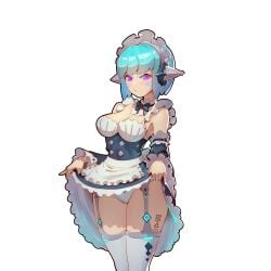 1girls android android_girl android_mk.99_(guardian_tales) angry apron blue_hair bowtie breasts clothes_lift garter_straps guardian_tales insignia joker.z large_breasts looking_at_viewer maid maid_apron maid_headdress maid_uniform medium_hair mk.99_(guardian_tales) panties pout purple_eyes thighhighs white_panties white_thighhighs