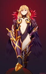 alternate_costume armor belly belly_button blonde_hair chocojax choker coat faye_(fire_emblem) feathers feet female femdom fire_emblem fire_emblem_echoes:_shadows_of_valentia fur gloves grin harrier_(fire_emblem) legs legwear long_hair masochism masochist medium_breasts official_alternate_costume red_eyes smirk stepped_on stepping thighhighs thighs_together