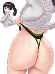 black_hair body_positivity dat_ass female huge_ass kilroylw large_breasts long_hair pawg shirt sideboob smiling ssss.gridman takarada_rikka thong white_background wholesome