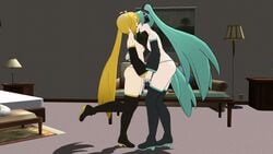 2girls akita_neru aqua_hair blonde_hair breasts female female_only half-dressed hatsune_miku kissing legwear long_twintails mikumikudance mmd multiple_girls panties twintails vocaloid welliwonderwhoiam yuri