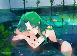 ass bishoujo_senshi_sailor_moon female female_only green_eyes green_hair leaning long_hair marmaladica medium_hair michiru_kaiou nailpolish nails one-piece_swimsuit pinup pool seductive softcore solo swimsuit teal_eyes teal_hair water wavy_hair