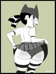 1girls 2019 ass back_view behind big_ass black_and_white bronxden female flirting grey_background greyscale looking_at_viewer looking_back monochrome my_life_as_a_teenage_robot nickelodeon panties plaid_skirt short_sleeves skirt skirt_lift smile smiling solo striped_legwear teenager thick_thighs thigh_highs thighhighs thighs tiff_crust toony upskirt