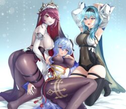 3girls ass big_breasts blue_eyes blue_hair boots butt curvy eula_(genshin_impact) female female_only ganyu_(genshin_impact) genshin_impact heel_boots horns large_breasts nun pantyhose potetos7 red_eyes red_hair rosaria_(genshin_impact) sideboob thick thick_thighs thigh_boots thighhigh_boots thighs voluptuous