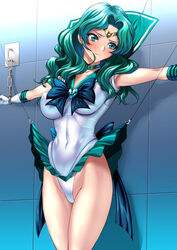 angry big_breasts bishoujo_senshi_sailor_moon bondage bound bow breasts chains choker clothing embarrassed erect_nipples erect_nipples_under_clothes female female_focus female_only fish_hook fishhook gloves green_hair grimace jewelry legs looking_away medium_breasts michiru_kaiou nipples panties pantyshot pinned pointy_breasts pokies restrained sailor_collar sailor_neptune sen_(sansui) serafuku skirt skirt_lift solo teal_eyes teal_hair thong_panties tiara upskirt wavy_hair