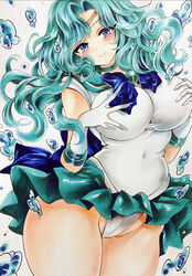 big_breasts bishoujo_senshi_sailor_moon blue_eyes blush bow breasts cameltoe choker clothed clothing female female_only fondling green_hair holding_breasts huge_breasts large_breasts long_hair looking_at_viewer michiru_kaiou panties pantyshot sailor_collar sailor_neptune self_fondle serafuku short_skirt skirt smile solo teal_hair thick thick_thighs twobee upskirt water wavy_hair