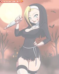 animated background big_breasts blonde_hair blood crazy_eyes female halloween knife nun nun's_habit original_character patreon reit roxy_(reit)