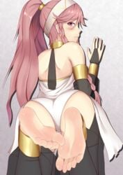 1girls ass back_to_viewer bare_shoulders barefoot feet fire_emblem fire_emblem_awakening long_hair looking_at_viewer looking_back olivia_(fire_emblem) pink_eyes pink_hair pokokaki ponytail soles tagme toes