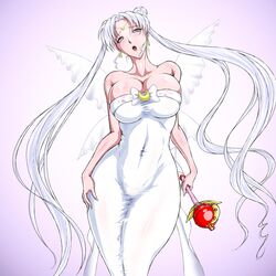 1girls big_breasts bishoujo_senshi_sailor_moon blush breasts clothing curvy dress earrings erect_nipples fairy female female_only forehead_mark half-closed_eyes huge_breasts jewelry large_breasts long_hair marubayashi_shumaru mature mother nipple_bulge nipples_visible_through_clothing open_mouth pale-skinned_female pale_skin queen queen_serenity scepter sheer silver_hair solo thick_thighs thong tight_clothing twintails voluptuous wand white_hair wide_hips