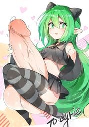 1futa big_penis blush clothed clothes cum_drip cum_dripping cyrie_chan_(cyrie) elf elf_ear elf_female futa_only futanari gigantic_penis green_eyes green_hair headband heart horny huge_balls huge_cock intersex legwear looking_at_viewer open_mouth penis precum red_potato_rinrin skirt solo solo_futa stockings testicles uncensored