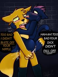 anthro ass ass_grab big_butt boobs dialogue furry furry_ass gay_with_woman gregg_(nitw) mae_(nitw) night_in_the_woods penetration penis sex speech_bubble straight_sex taunting wet_pussy