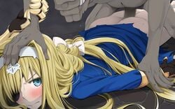 alice_schuberg ass before_sex blonde_hair blue_eyes blush defeated eyeless_male eyepatch female from_behind goblin goblin_male hair_ornament hand_on_head inserting long_hair male no_panties nopan on_floor one_eye_covered rape restrained small_dom_big_sub sword_art_online sword_art_online:_alicization teitetsu_kishidan tied_hair torn_clothes