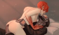 2d ass cloudlet duo female living_machine long_fingernails male maximilien moira omnic overwatch penis precum red_hair robot rubbing russian_text straight tagme