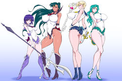 4girls big_breasts bishoujo_senshi_sailor_moon blonde_hair boots clothing erect_nipples erect_nipples_under_clothes female female_only green_eyes green_hair haruka_tenou heels high_heel_boots high_heels holding_breast hotaru_tomoe huge_breasts jewelry large_breasts legs leotard long_hair marubayashi_shumaru michiru_kaiou multiple_girls nipples outer_sailor_senshi outer_senshi pink_eyes pointy_breasts pokies pose posing purple_eyes purple_hair sailor_neptune sailor_pluto sailor_saturn sailor_uranus serafuku setsuna_meiou short_hair short_skirt skirt small_breasts staff tagme thick_thighs thong_leotard thong_panties tight_clothing voluptuous weapon