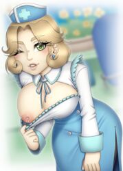 1girls 2018 blonde_hair breasts clothing dress exposed_breasts female female_only green_eyes kiwiscorner lactation large_breasts my_time_at_portia nipples pathea_games phyllis_(my_time_at_portia)