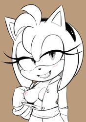 amy_rose amy_rose_(boom) anthro blush breasts dress exhibitionism exposed_breasts eyelashes female female_only flashing furry furry_only gloves headband hearlesssoul medium_breasts monochrome nipples open_mouth sega short_hair solo sonic_(series) sonic_boom standing