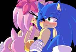 1boy 1girls amy_rose ass blue_fur blue_hair blush bracelet breasts cum cum_on_penis cumming female green_eyes half-closed_eyes hand_on_penis male masturbation one_eye_closed penis pink_fur pink_hair pussy rubber_penis rubbing sonic_(series) sonic_the_hedgehog vagina