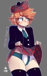 1boy androgynous artist_signature balls_in_panties black_jacket black_thighhighs blue_eyes blue_tie blush blushing briefs button_down_shirt buttons crossdressing eyebrows_visible_through_hair femboy ginger ginger_hair girly hat kilt kilt_lift looking_away male male_only miiyauwu original original_character patreon red_hair rizkitsuneki scottish short_hair skirt_lift solo tam_o'_shanter text thighhighs trap underass underwear white_outline white_shirt