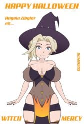 1girls arms_at_sides bangs big_breasts blizzard_entertainment blonde_hair blue_eyes breasts cleavage corset gosha420 head_tilt large_breasts looking_at_viewer mercy nipple_bulge overwatch painted_nails short_hair skindentation wide_hips witch_hat witch_mercy