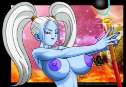 1girls abs alternate_breast_size angel angel_(dragon_ball) big_breasts black_border blue_skin dragon_ball dragon_ball_super eye_contact female female_only half-closed_eyes huge_breasts looking_at_viewer marcarita nipples purple_nipples solo staff topless twintails url watermark white_hair