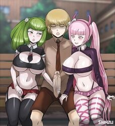 1boy 2girls aged_up big_breasts big_penis breasts danganronpa green_hair handjob heavy_blush kemuri_jataro microskirt miniskirt necktie nipples_visible_through_clothing panties penis pink_hair pleasure_face pussy shinzu031 socks straight_hair towa_monaca twintails utsugi_kotoko