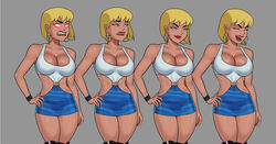 ass biceps big_breasts blonde_hair blue_eyes breasts bubble_butt busty cleavage dc dc_comics dcau eyelashes female female_focus female_only fully_clothed galatea hourglass_figure lipstick makeup pinup pose posing revealing_clothes short_hair solo sunsetriders7 tagme wide_hips