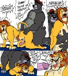 2007 2boys anal anal_sex anthro baloo bear belly biceps crossover cum cum_in_mouth cum_inside cum_on_face cumshot dialog disney excessive_cum feline fur furry gay glans hat humanoid_penis kissing lion male male_only mammal muscles no_humans orgasm penetration penis sex shaffer simba talespin text the_lion_king wolfwood1 yaoi