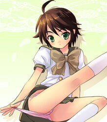 1girls ahoge bow brown_hair female flat_chest footwear green_eyes haruyama kneehighs leg_up matake_ogata miniskirt ogata_matake outstretched_leg panties panty_pull pantyshot purple_panties school_uniform seifuku serafuku shakugan_no_shana short_hair skirt socks solo striped striped_panties underwear upskirt white_kneehighs white_legwear