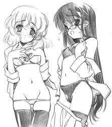 aoi_nogami bra clothing female female_only glasses lingerie lowleg lowleg_panties monochrome multiple_girls nogami_aoi panties sannomiya_shiho senomoto_hisashi shiho_sannomiya simple_background skirt thighhighs underwear undressing young zettai_karen_children