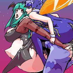 capcom clothing darkstalkers inflation large_breasts morrigan_aensland pregnant q-bee se/ji tagme torn_clothes