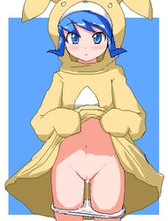 1girls animal_costume animal_ears animal_hands animal_hood bemani blue_eyes blue_hair bunny_costume bunny_ears bunny_hood dress fake_animal_ears female hood hood_up konami long_sleeves minit's panties panties_down pop'n_music pussy solo underwear yellow_dress