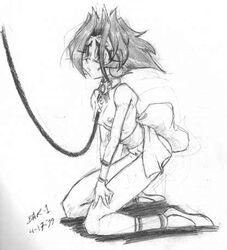 1990s 1999 1girls 20th_century battle_arena_toshinden collar dated ellis_(battle_arena_toshinden) female female_only flat_chest kneeling leash monochrome nipples nude short_hair sketch skinny solo