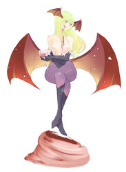 breasts capcom clothing cupping_glass darkstalkers elbow_gloves gloves green_hair head_wings long_hair morrigan_aensland open_clothes orange_eyes pantyhose small_breasts succubus tansuke tongue wine wings