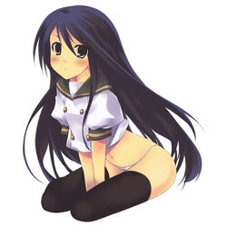 arm_support black_hair black_legwear black_thighhighs blue_hair long_hair mizuki_makoto navel no_pants panties purple_eyes school_uniform seifuku serafuku shakugan_no_shana shana sitting solo thighhighs underwear white_panties