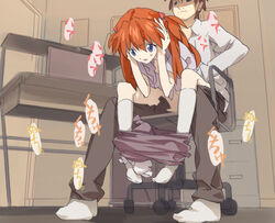 asuka_langley_sohryu bottomless clothed_sex clothes clothing female footwear hair_ornament hairclip human male neemui neon_genesis_evangelion open_clothes open_shirt orange_hair pants_pull sex shirt socks straight sweat translation_request white_socks