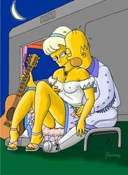 cheating clothes color female guitar homer_simpson human jimmy lurleen_lumpkin male night nipples_visible_through_clothing outdoors sitting straight tagme the_simpsons upskirt