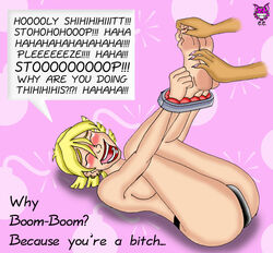 2girls blonde_female blonde_hair boom-boom_(x-men) bound cheshire_cat_(artist) marvel marvel_comics multiple_girls new_mutants straight_hair superheroine tabitha_smith tickle_fetish tickling tickling_feet unseen_character x-men x-men_evolution