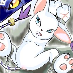 1girls color demidevimon digimon female fur furry gatomon purple_fur sexless white_fur