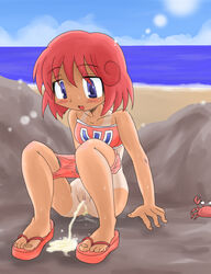 blush censored mosaic_censoring open_mouth pastel_(twinbee) peeing swimsuit tanline twinbee urine