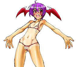 1girls blush darkstalkers flat_chest lilith_aensland ona_(artist) see-through see-through_swimsuit solo succubus swimsuit tagme tanline