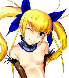 1girls asaki_yuki blonde_hair blue_eyes blush breasts bunny bust choker cum cum_on_body cum_on_breasts cum_on_hair cum_on_upper_body elbow_gloves facial female flat_chest fur_trim gloves gunbird hair_ribbon head_tilt long_hair marion nipples nude pointy_chin pom-pom pom_poms ribbon simple_background smile solo tied_hair twintails wink